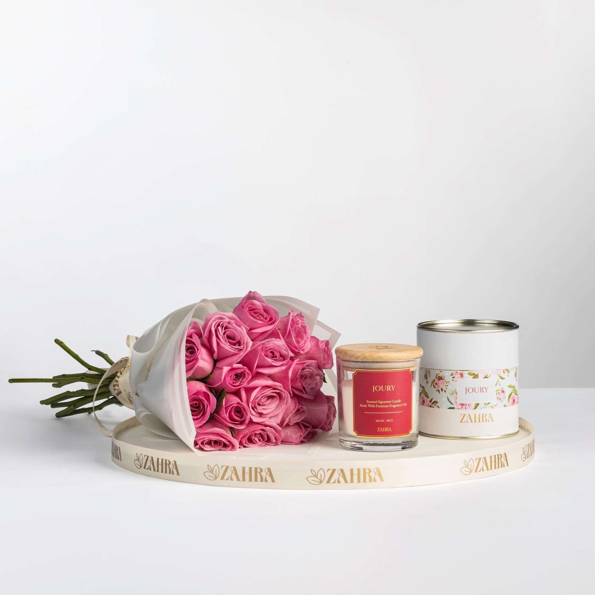 Roses Scented Candle & Pink Flowers Bouquet