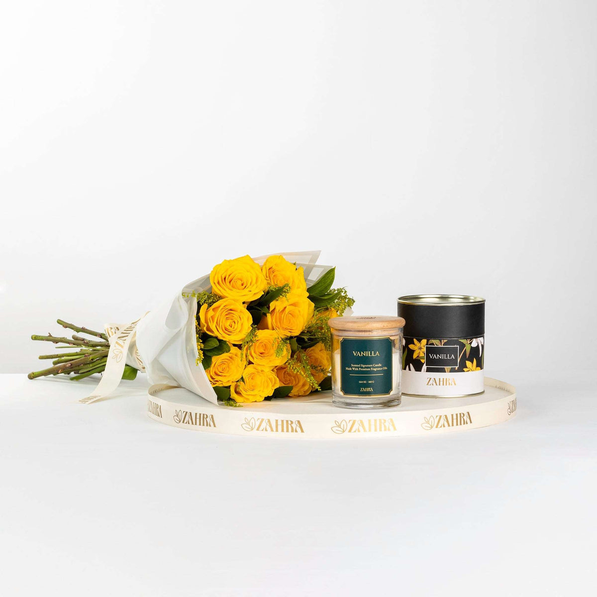 Vanilla Scented Candle & Yellow Roses Bouquet – Zahra