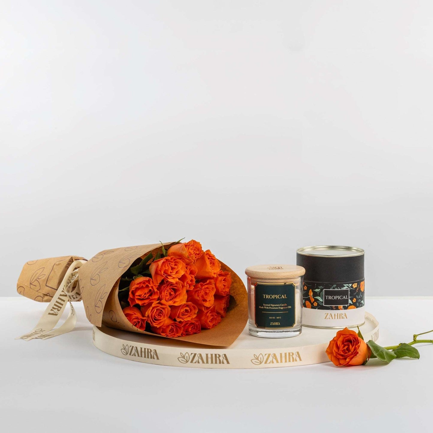 Tropical Scented Candle & Orange Roses Bouquet