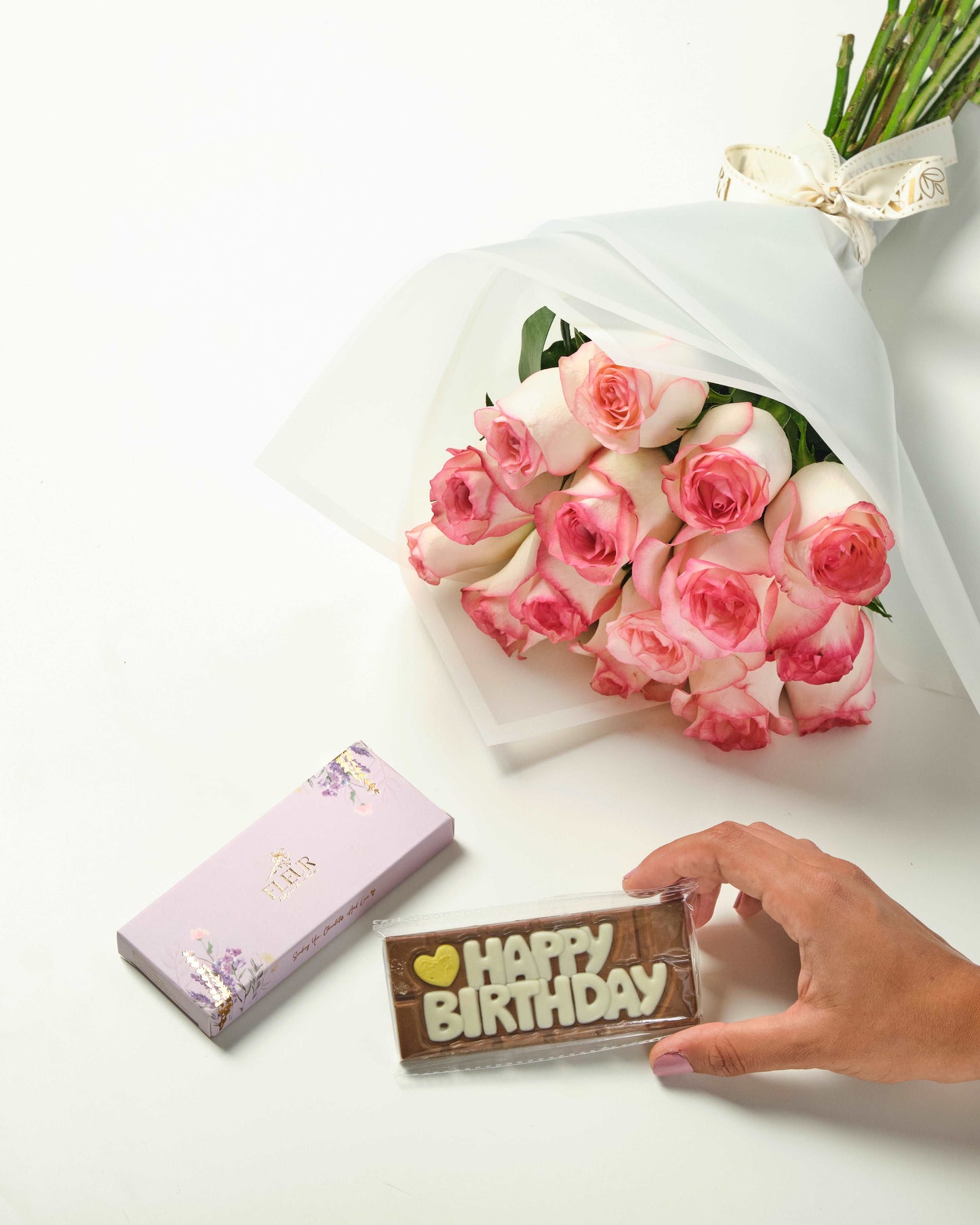 Happy Birthday Chocolate Bar & Double Color Pink Bouquet