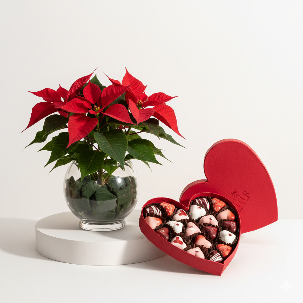 Fleur Heart chocolate Box & Poinsettia flower vase