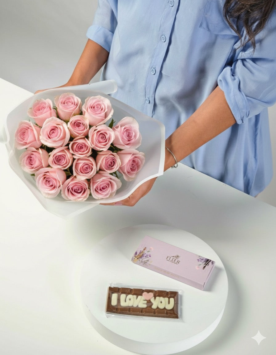 I love you Chocolate Bar & Blush Pink Roses Bouquet