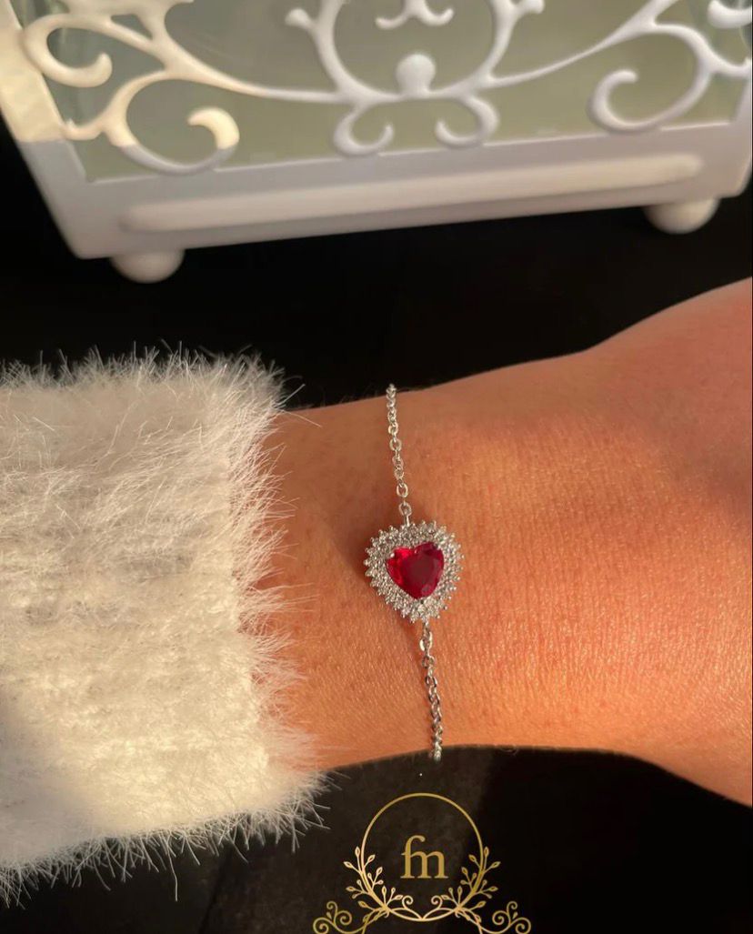 Red heart silver bracelet with zircon stones-F23