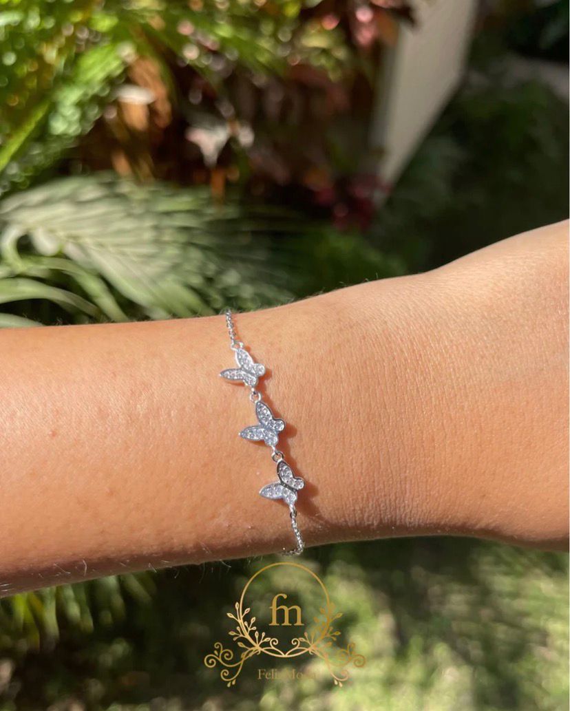 Three butterflies silver bracelet with zircon stones-F26