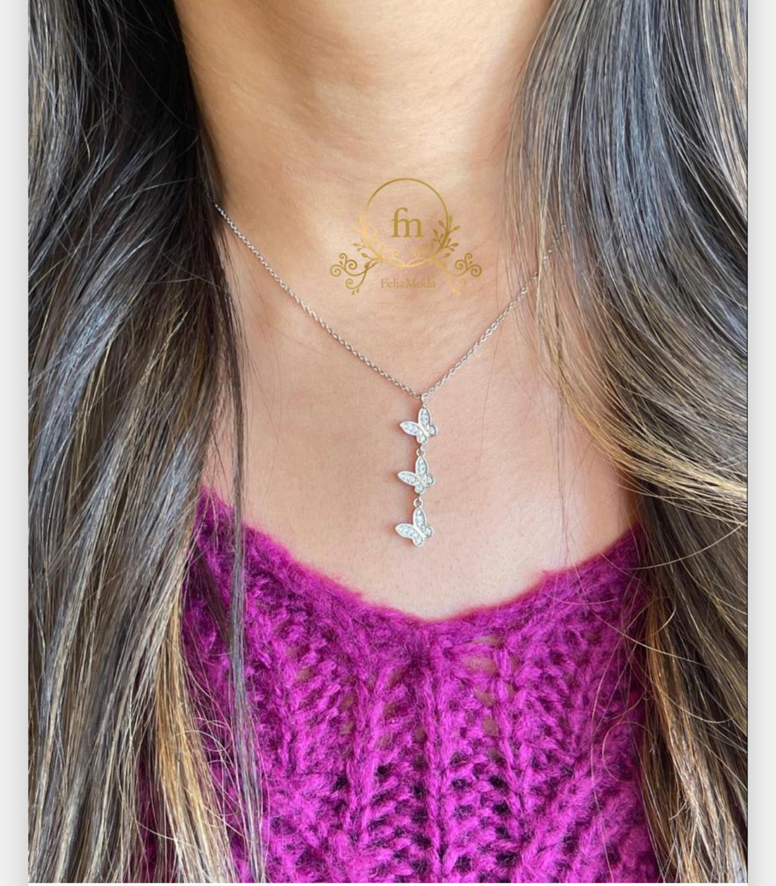Three dangling butterflies silver necklace-F13