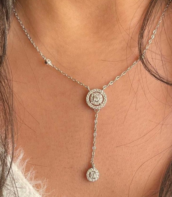 Long two round pendant zircon stones silver necklace-F14