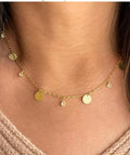 Multiple circles and crystals silver necklace gold pleated-F15