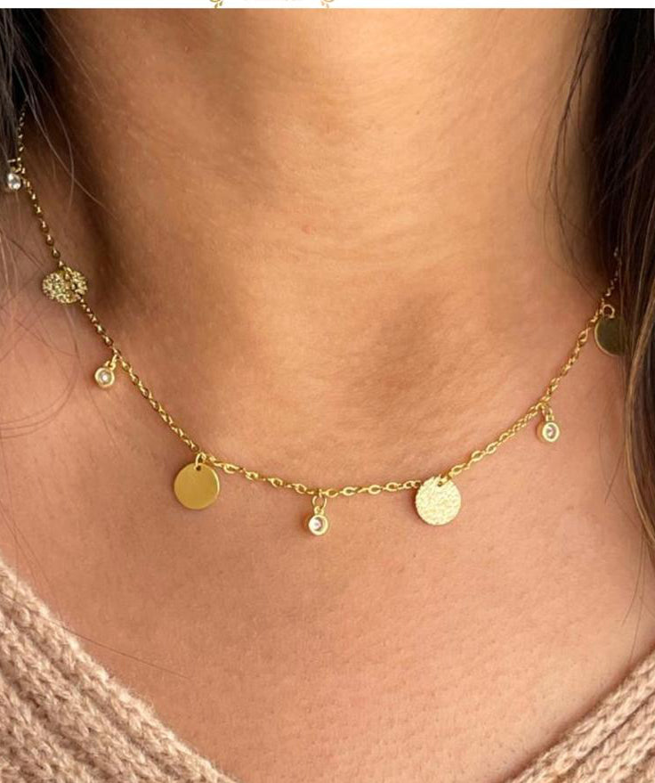 Multiple circles and crystals silver necklace gold pleated-F15