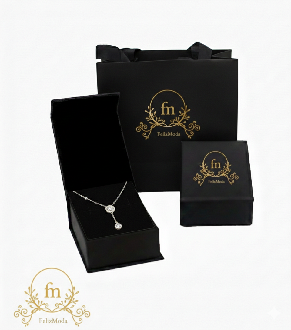 Long two round pendant zircon stones silver necklace-F14