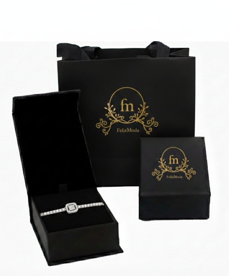 Square pendant with side stones silver bracelet-F21