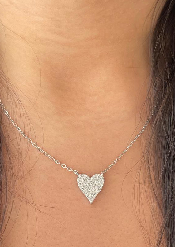 Heart silver necklace with multiple zircon stones-F16