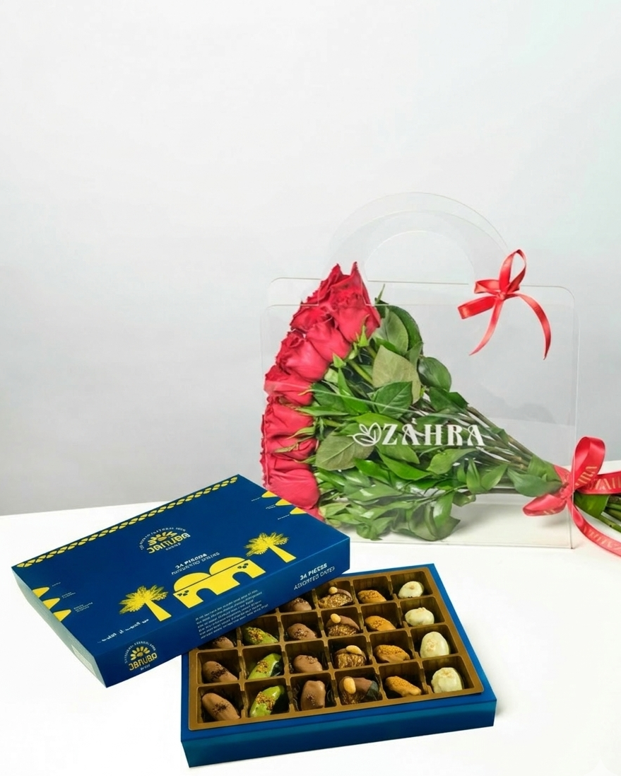 Red bloom bag with assorted Januba dates 24 pcs