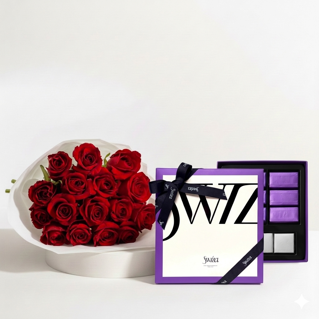 Red Roses bouquet & Swiza 12 pcs