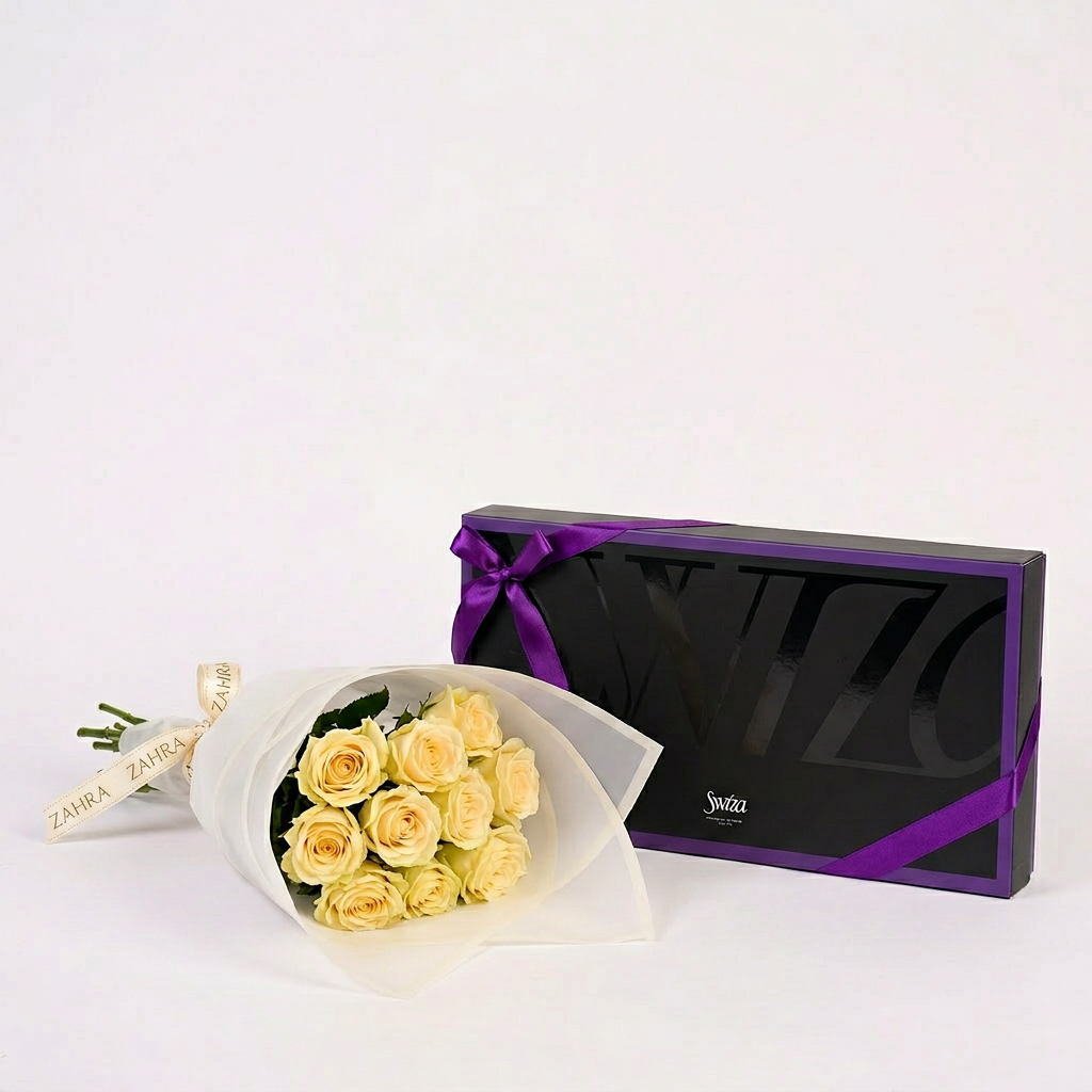 White Roses Bouquet & Swiza 38 pcs
