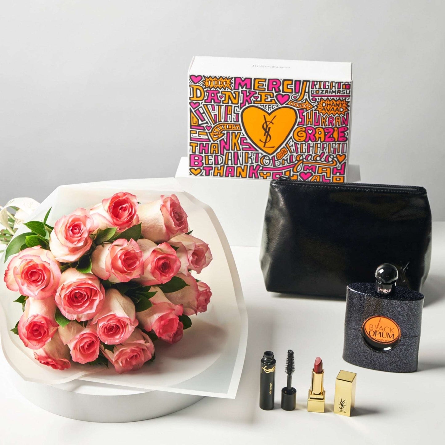 Black Opium EDP Gift Set & Double Color Pink Roses Bouquet